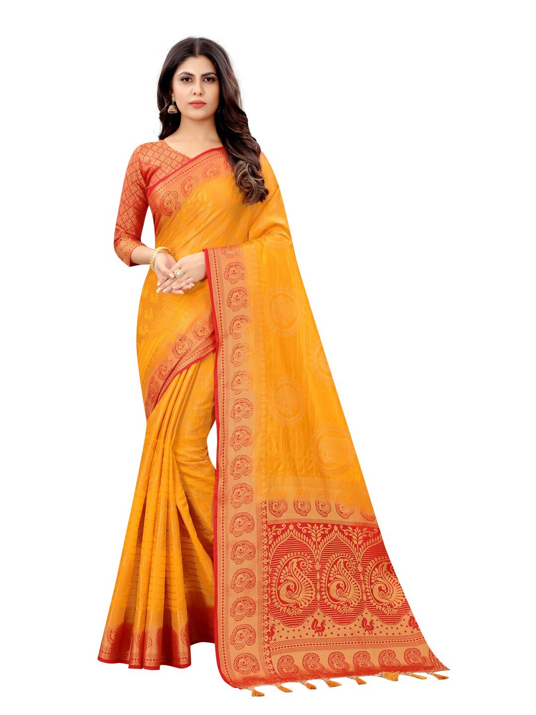 

PERFECT WEAR Orange & Red Ethnic Motifs Zari Silk Cotton Banarasi Saree