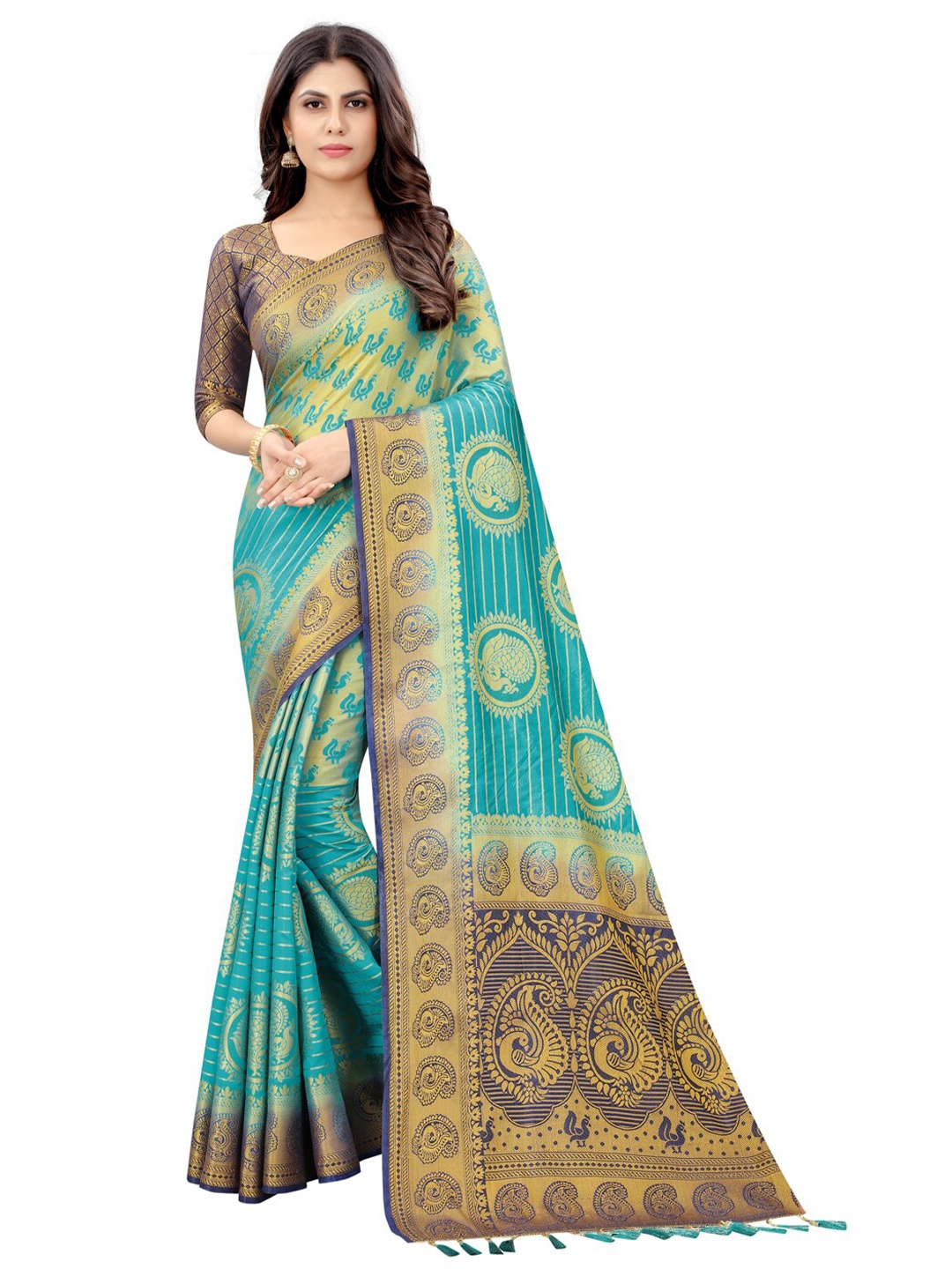 

PERFECT WEAR Sea Green & Navy Blue Woven Design Zari Silk Cotton Banarasi Saree