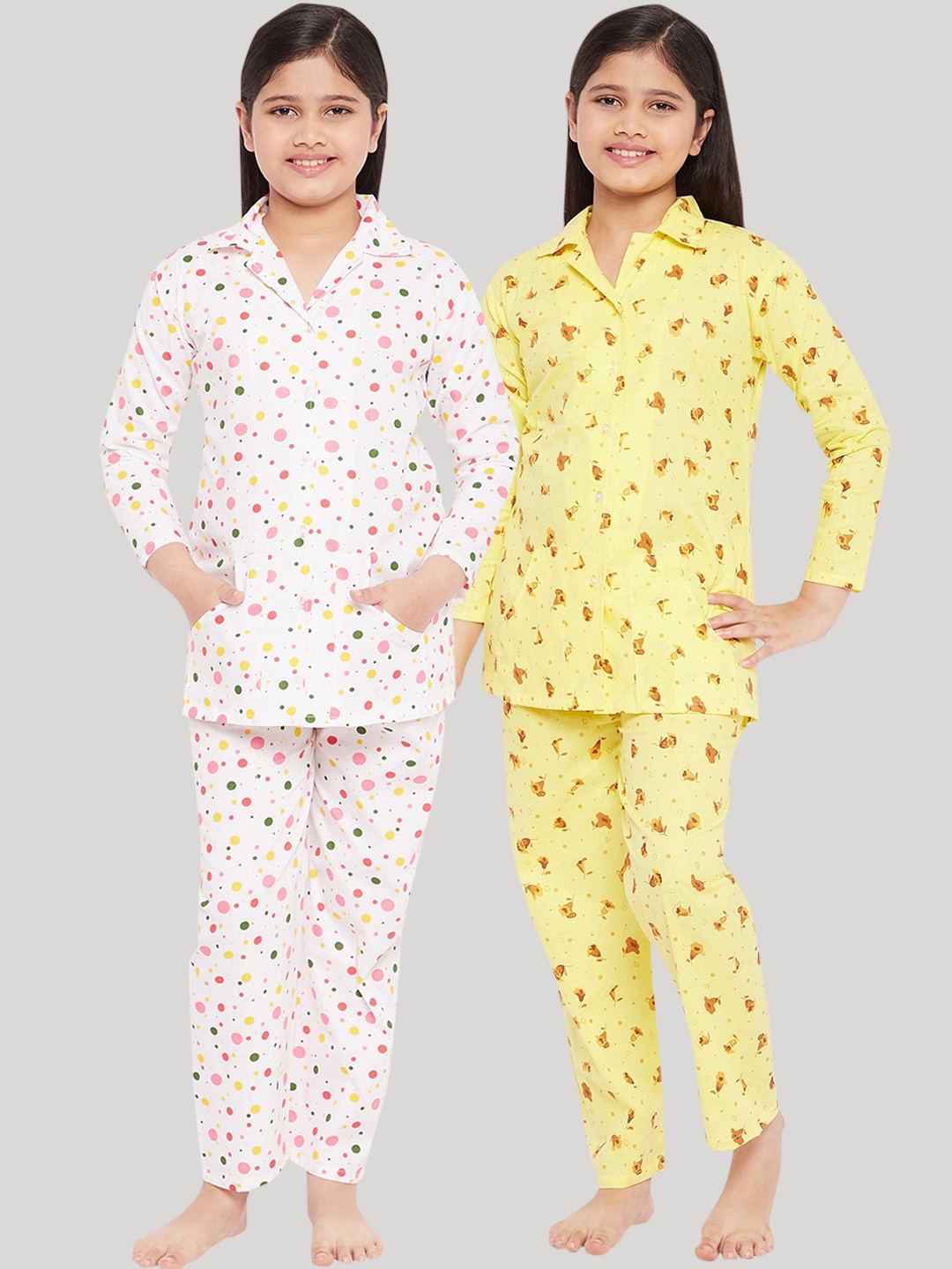 

KYDZI Girls Pack Of 2 Yellow & White Printed Night suit