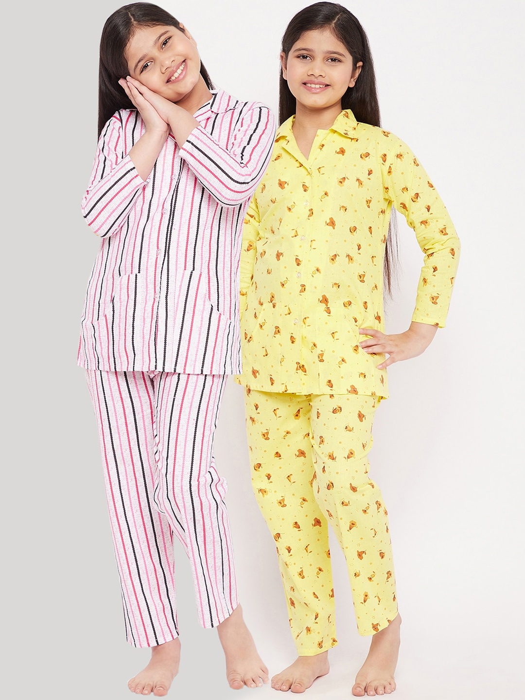 

KYDZI Girls Pack of 2 Pink & Yellow Printed Night suit