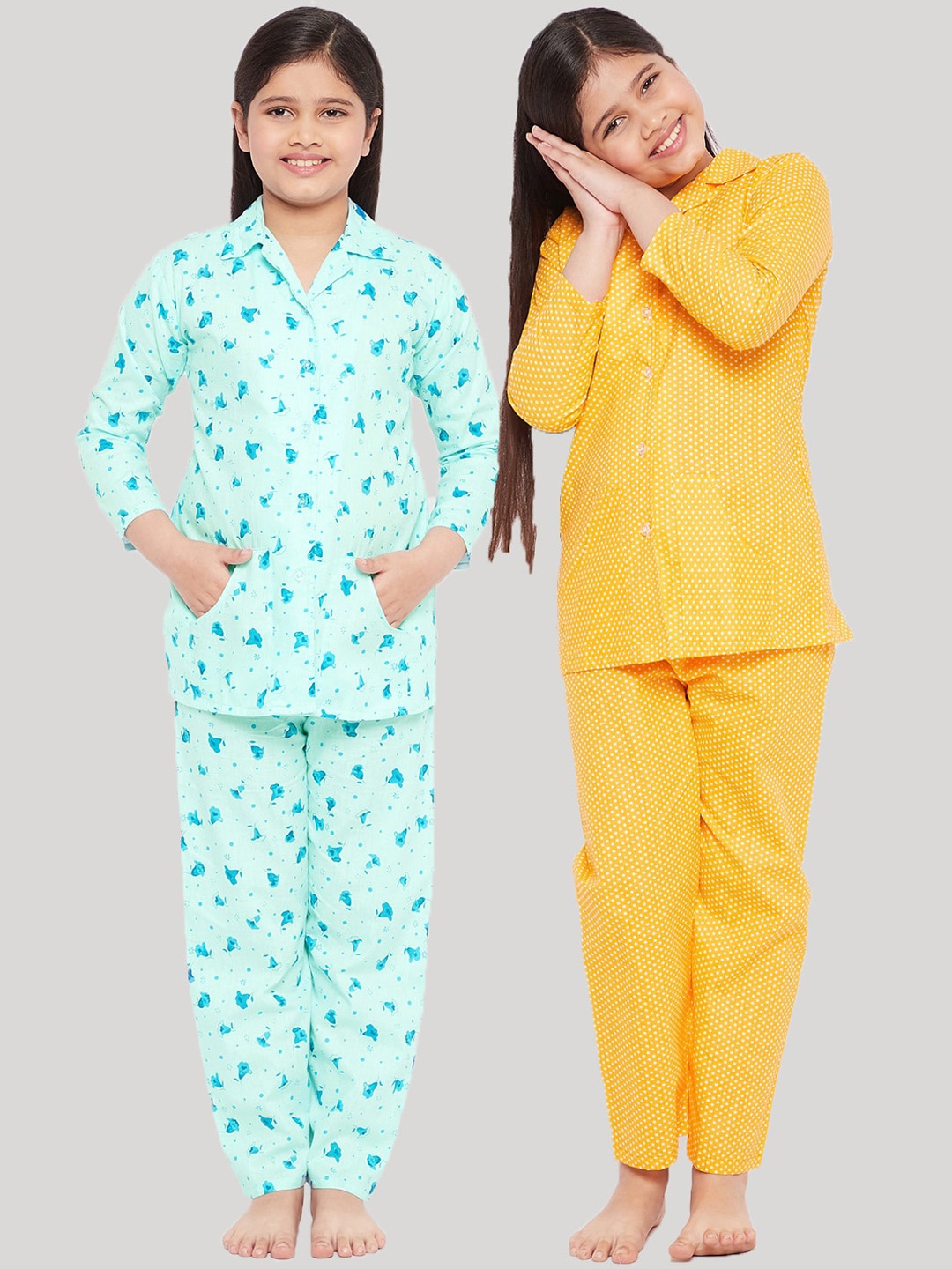 

KYDZI Girls Pack of 2 Yellow & Green Printed Night suit