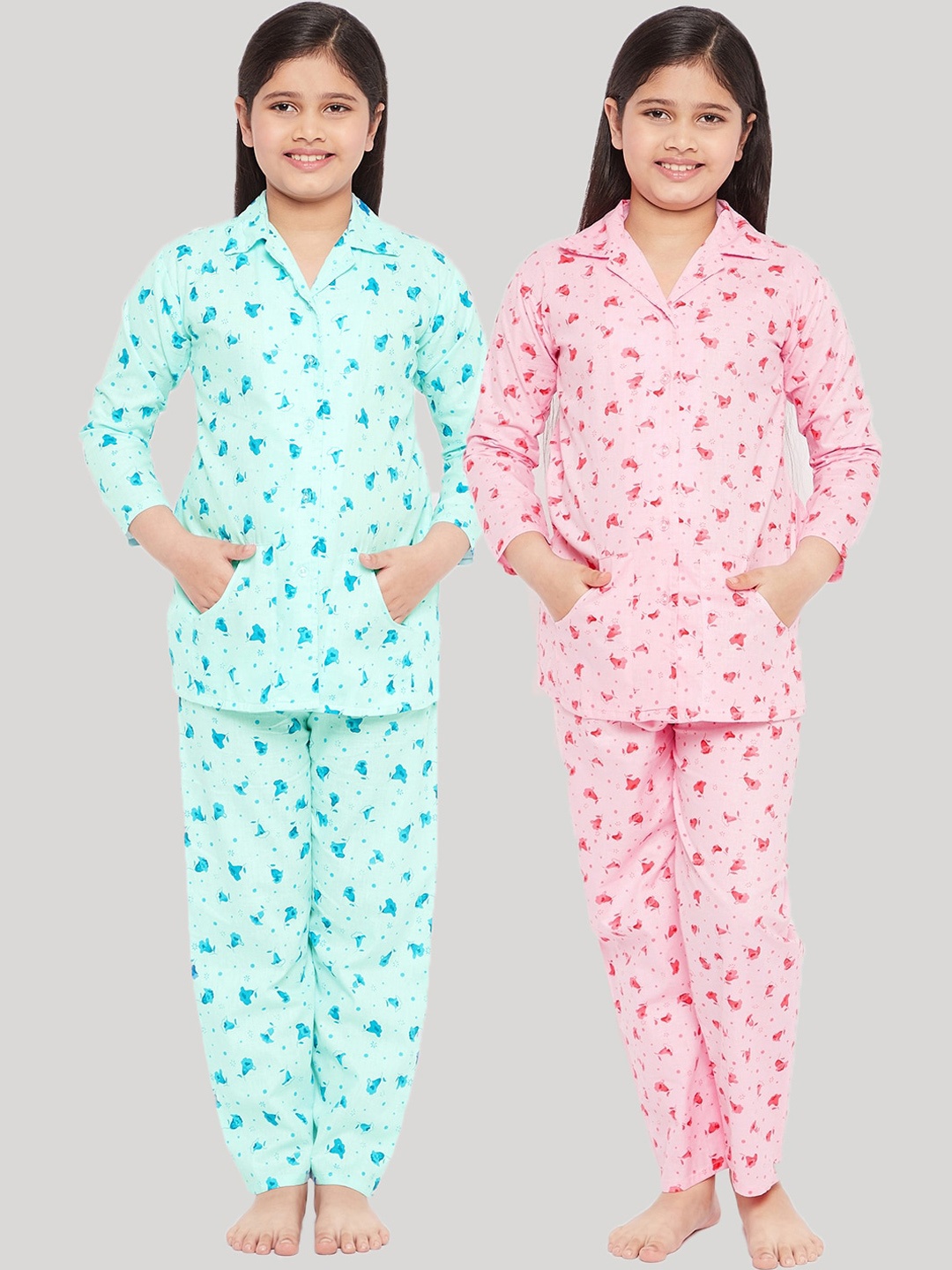 

KYDZI Girls Blue & Pink Floral Printed Pure Cotton Night suit Pack Of 2