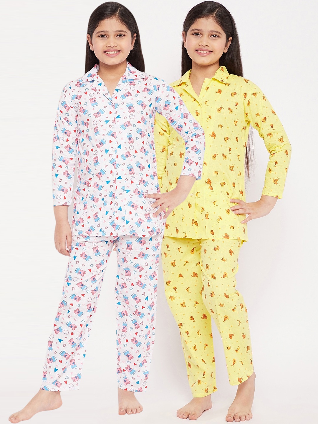 

KYDZI Girls Pack of 2 Yellow & White Printed Night suit