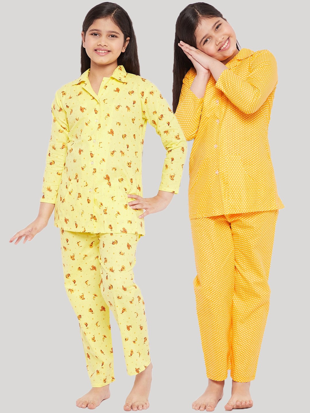 

KYDZI Girls Yellow Polka Dots Printed Pure Cotton Night suit Pack Of 2