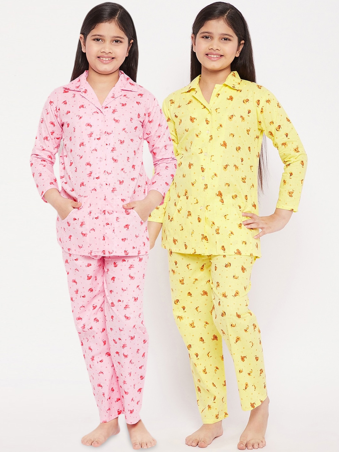

KYDZI Girls Pack of 2 Yellow & Pink Printed Pure Cotton Night suits