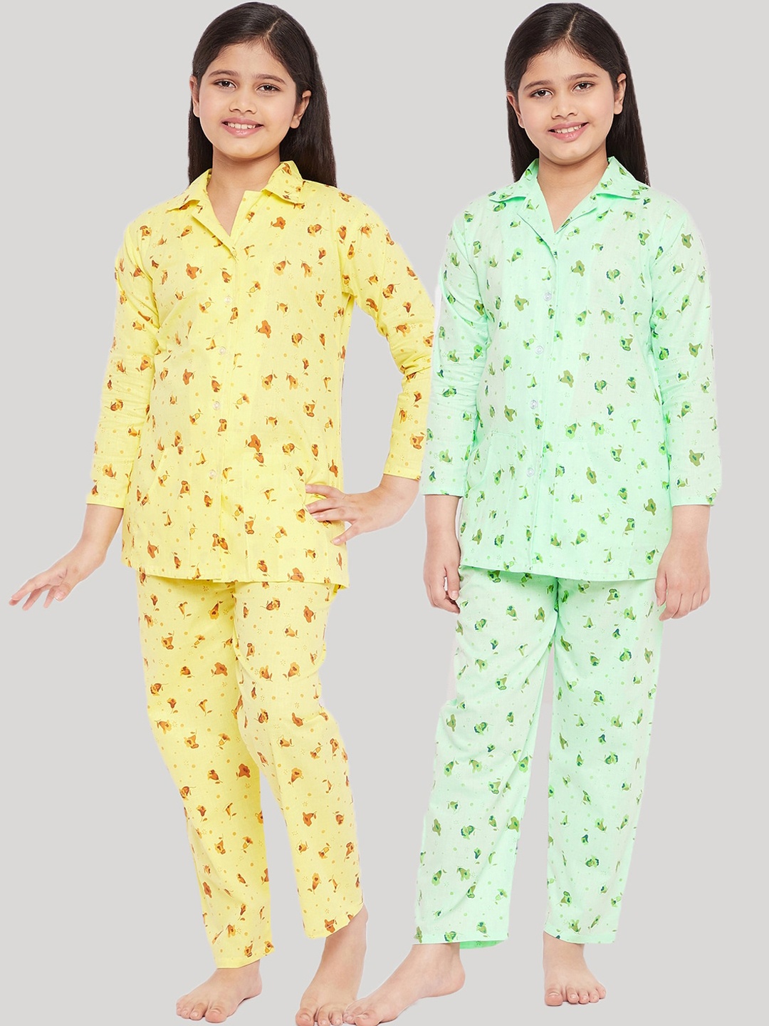 

KYDZI Girls Pack of 2 Green & Yellow Printed Night suit