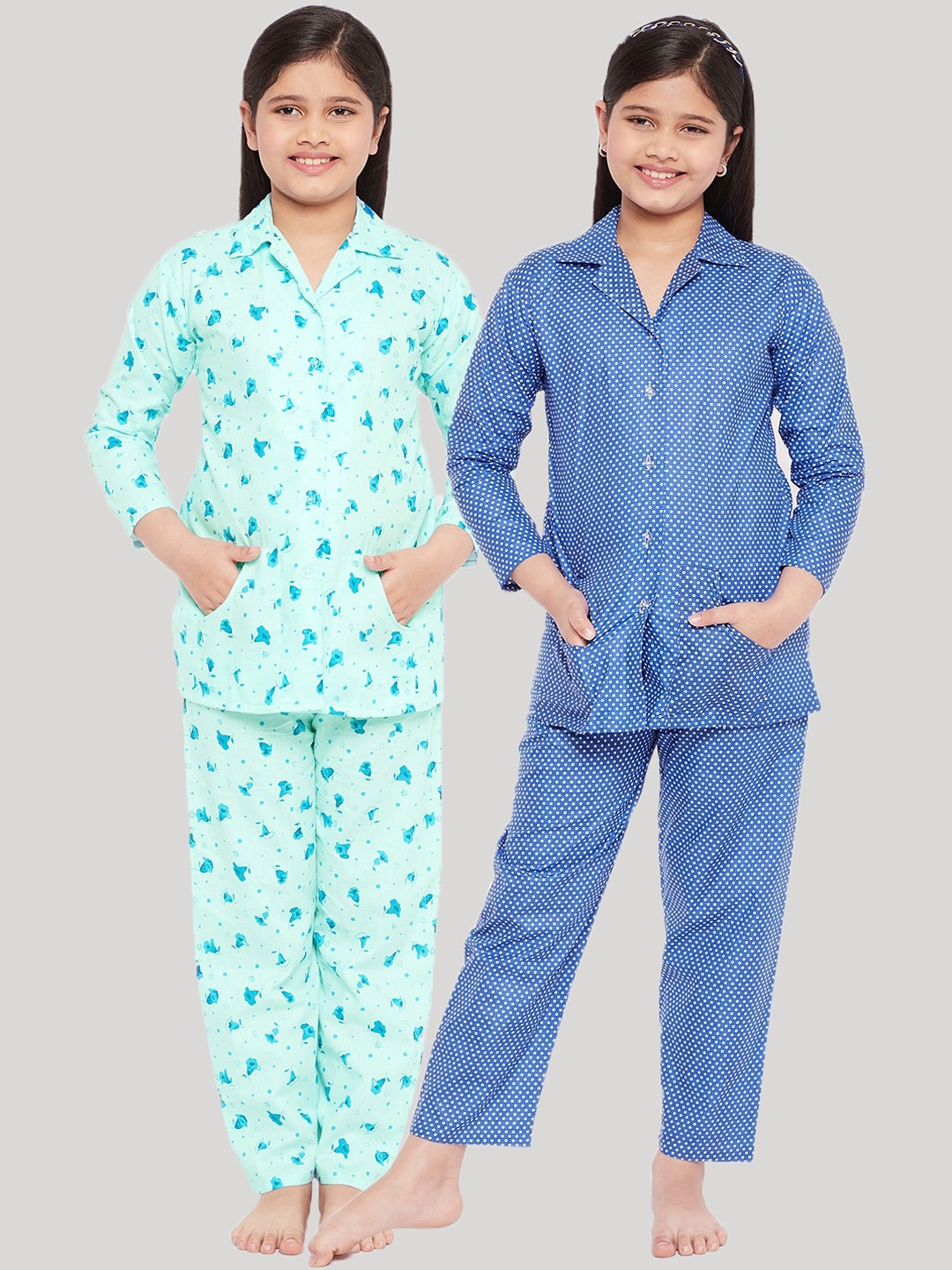

KYDZI Girls Pack of 2 Sea Green & Blue Printed Pure Cotton Night suits