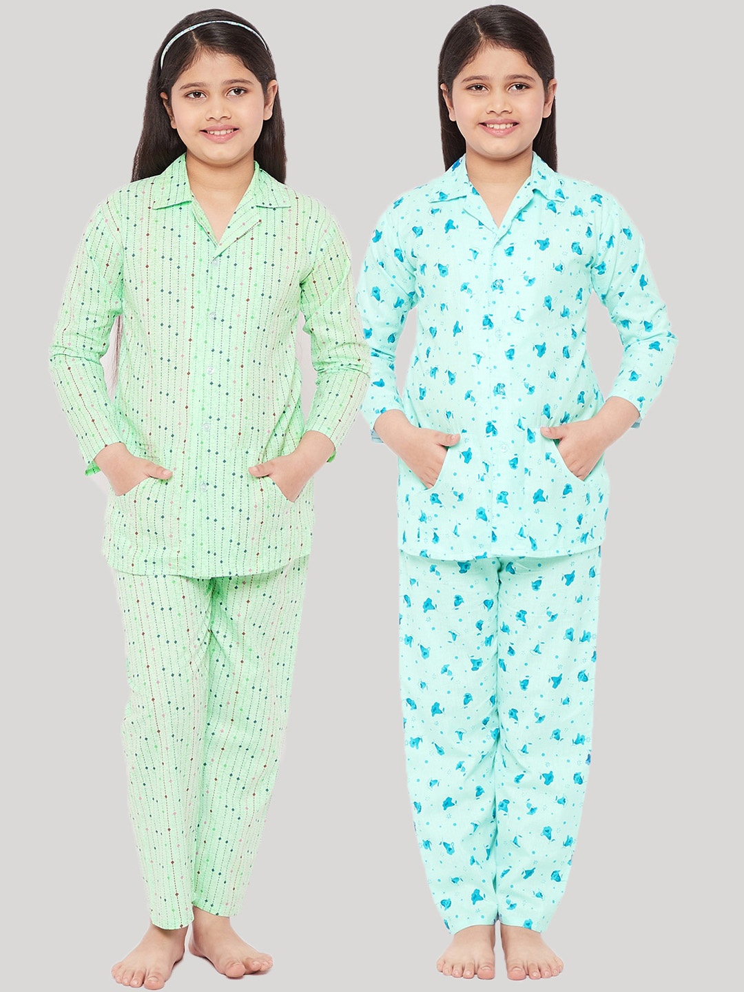 

KYDZI Girls Blue & Green Floral Printed Pure Cotton Night suit Pack Of 2