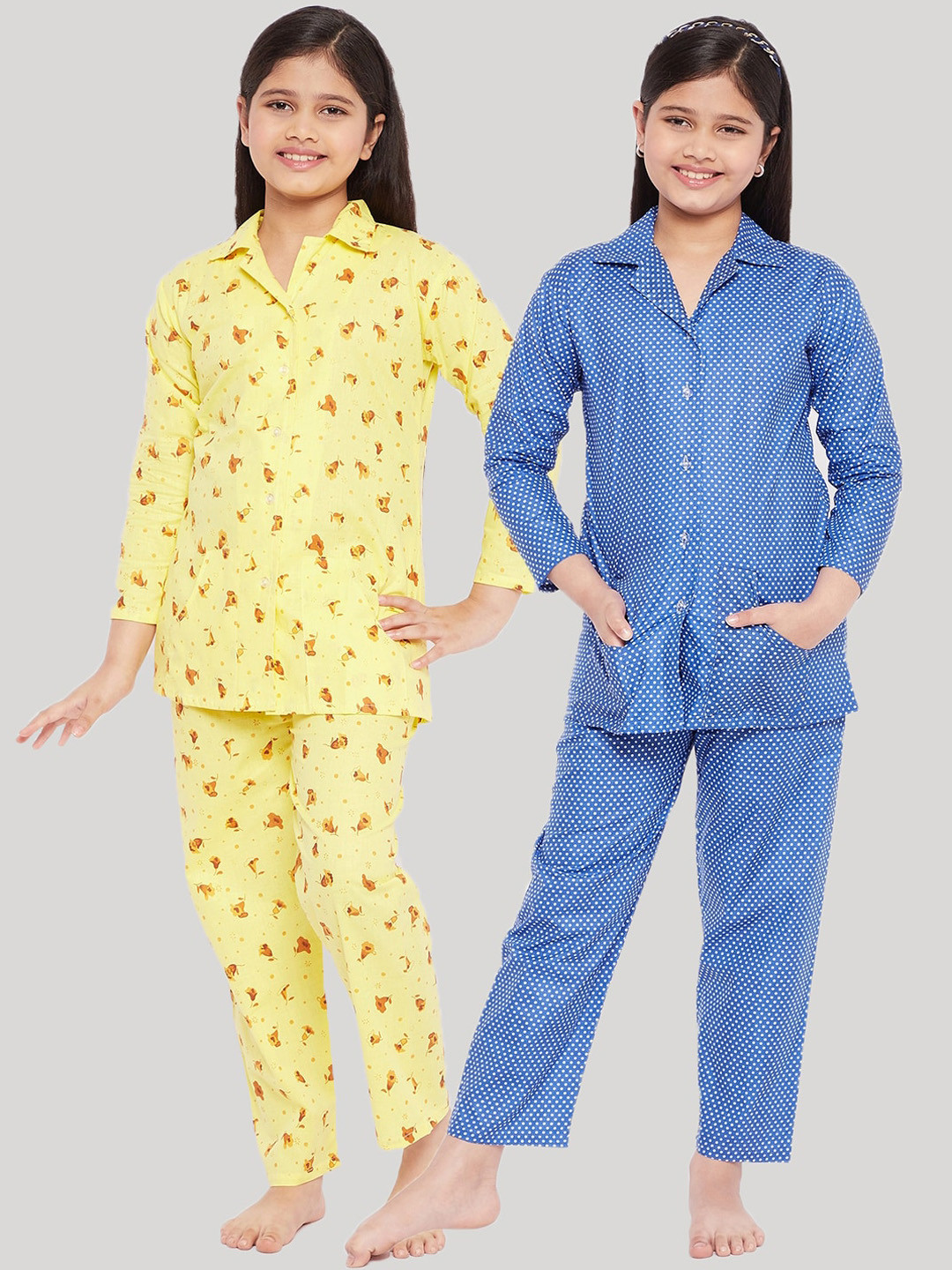 

KYDZI Girls Pack of 2 Yellow & Blue Printed Pure Cotton Night suits