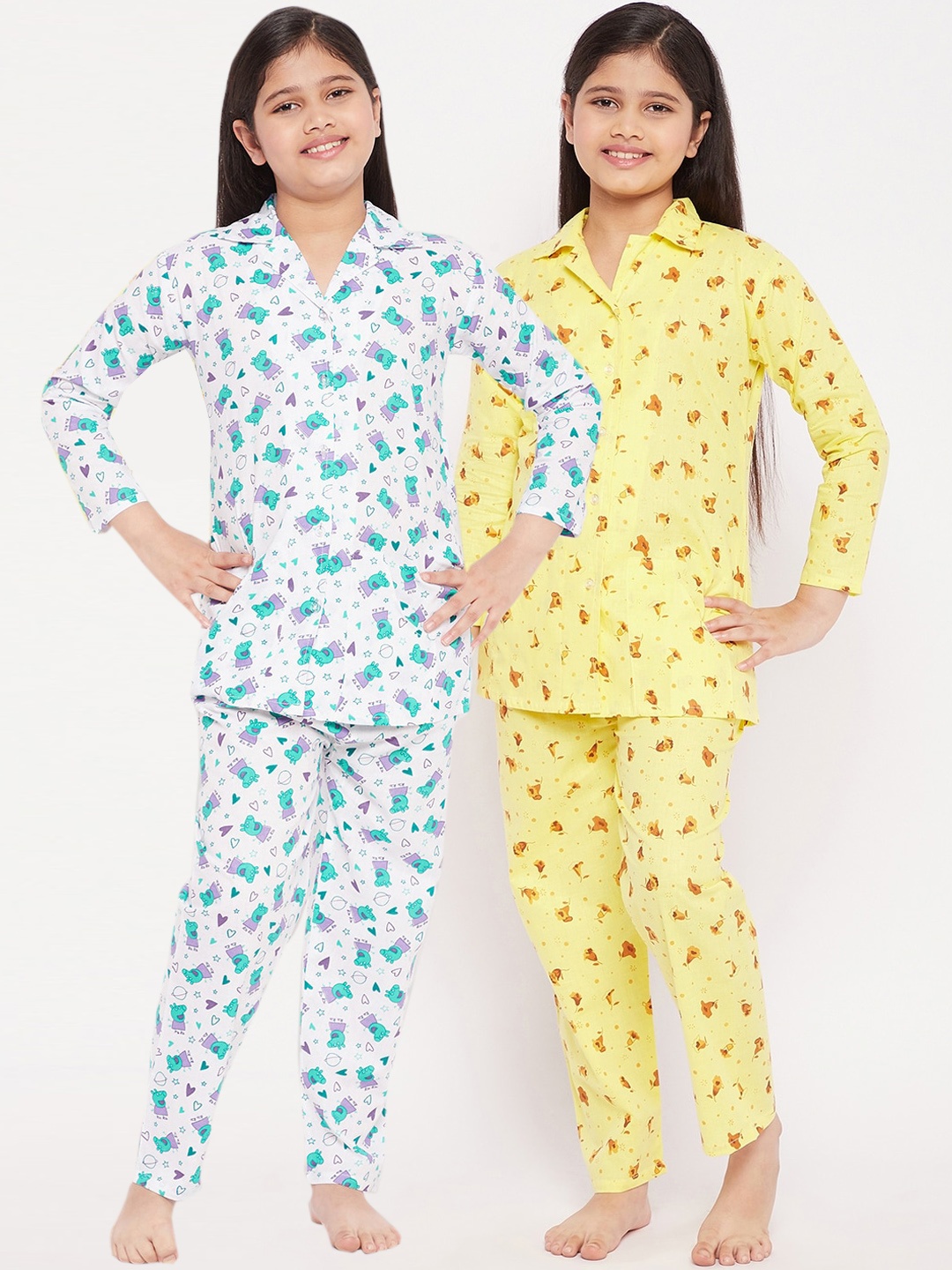 

KYDZI Girls Pack Of 2 Yellow & Green Printed Night suit