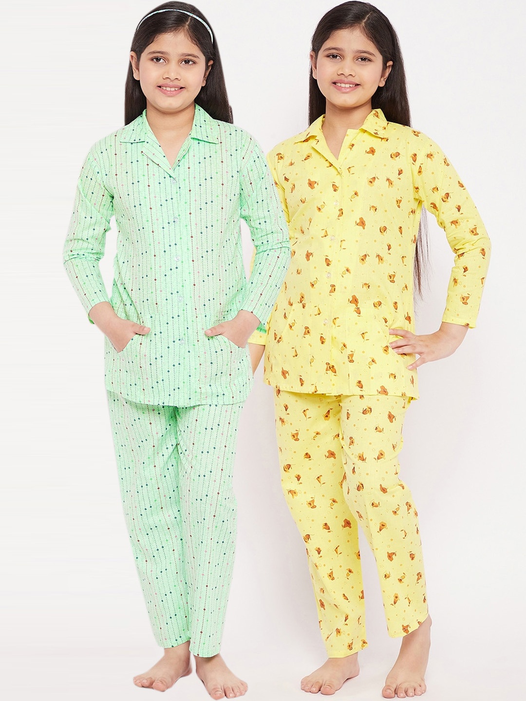 

KYDZI Girls Pack of 2 Sea Green & Yellow Printed Pure Cotton Night suits