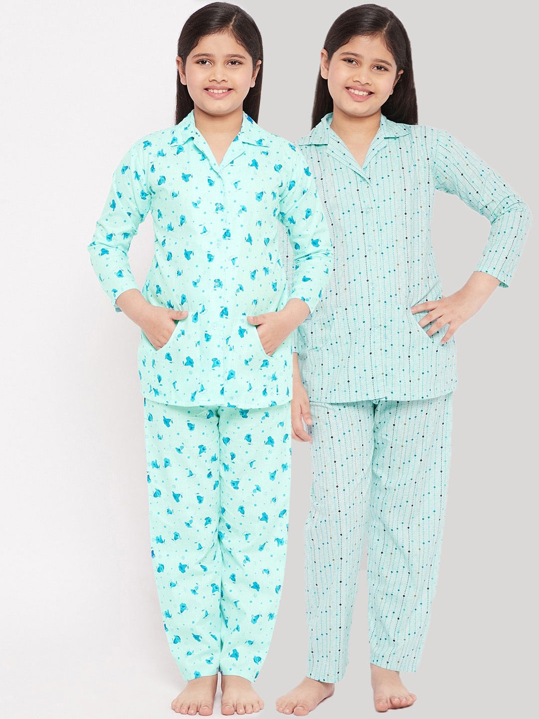 

KYDZI Girls Pack of 2 Turquoise Blue Printed Pure Cotton Night Suits