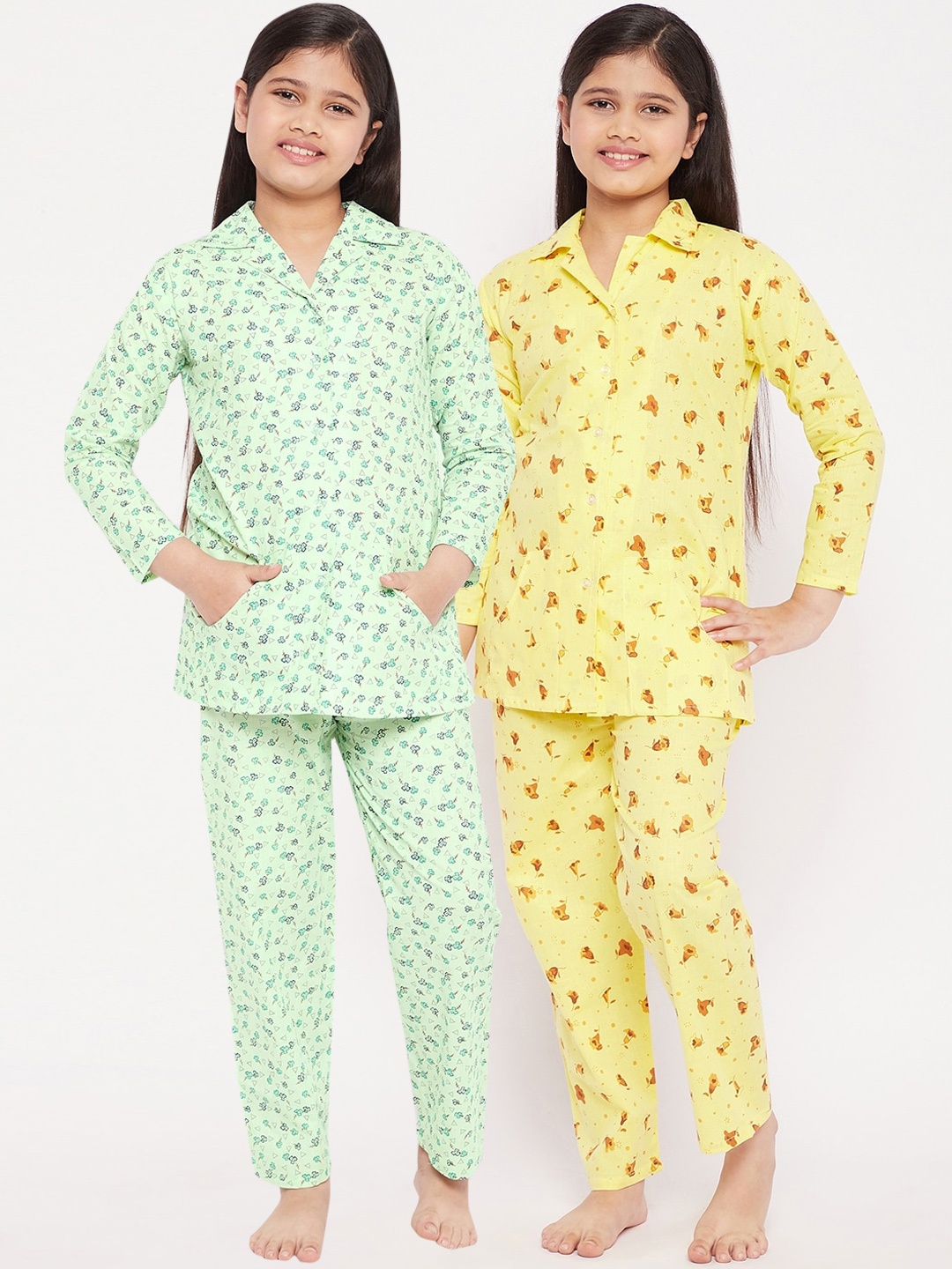 

KYDZI Girls Pack of 2 Yellow & Sea Green Printed Pure Cotton Night Suits