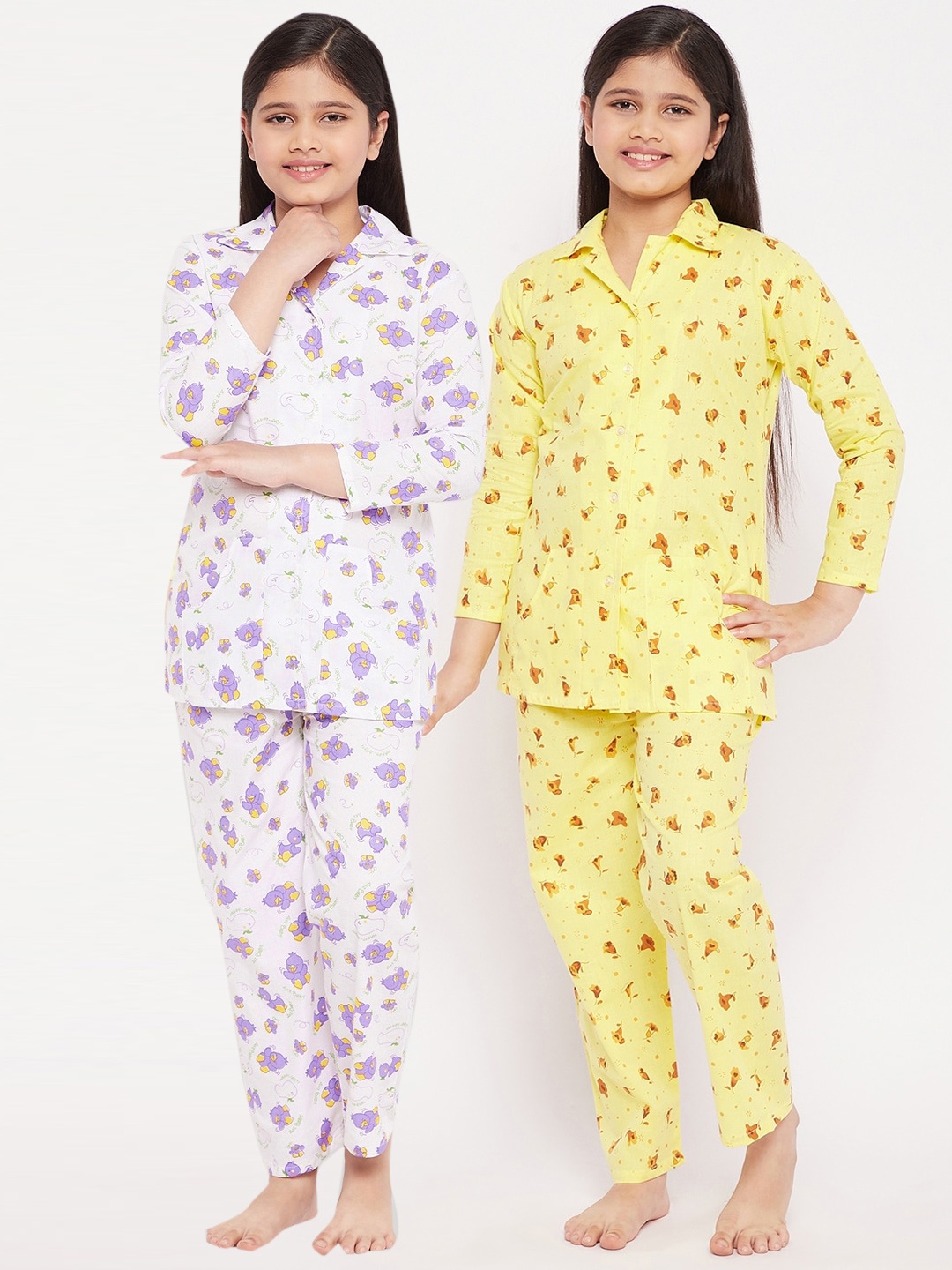 

KYDZI Girls Pack of 2 Yellow & White Printed Pure Cotton Night Suits