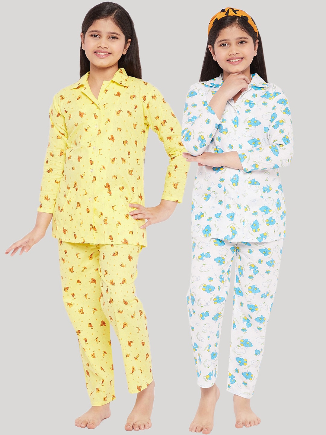 

KYDZI Girls Pack Of 2 Yellow & White Printed Night suit