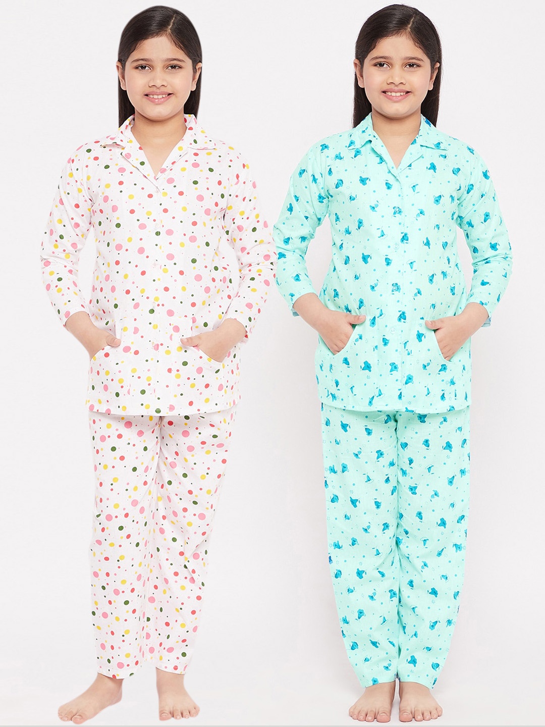 

KYDZI Girls Blue & White Printed Cotton Night Suit