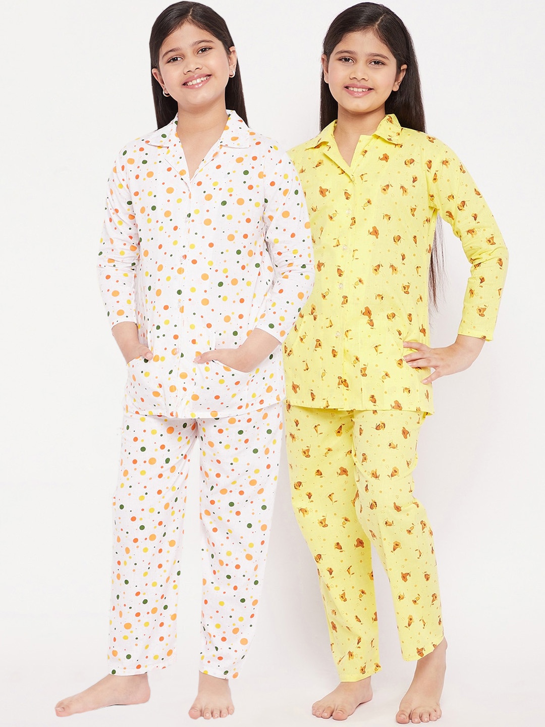 

KYDZI Girls Yellow & White Printed Cotton Night Suit