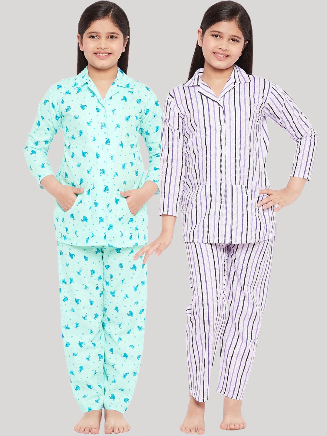 

KYDZI Girls Blue & Purple Striped Pure Cotton Night suit Pack Of 2