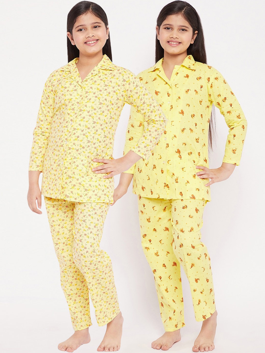 

KYDZI Girls Pack Of 2 Yellow & Pink Printed Night suit