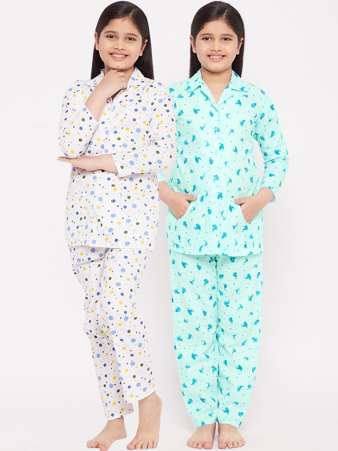 

KYDZI Girls Pack of 2 Blue & White Printed Night suit
