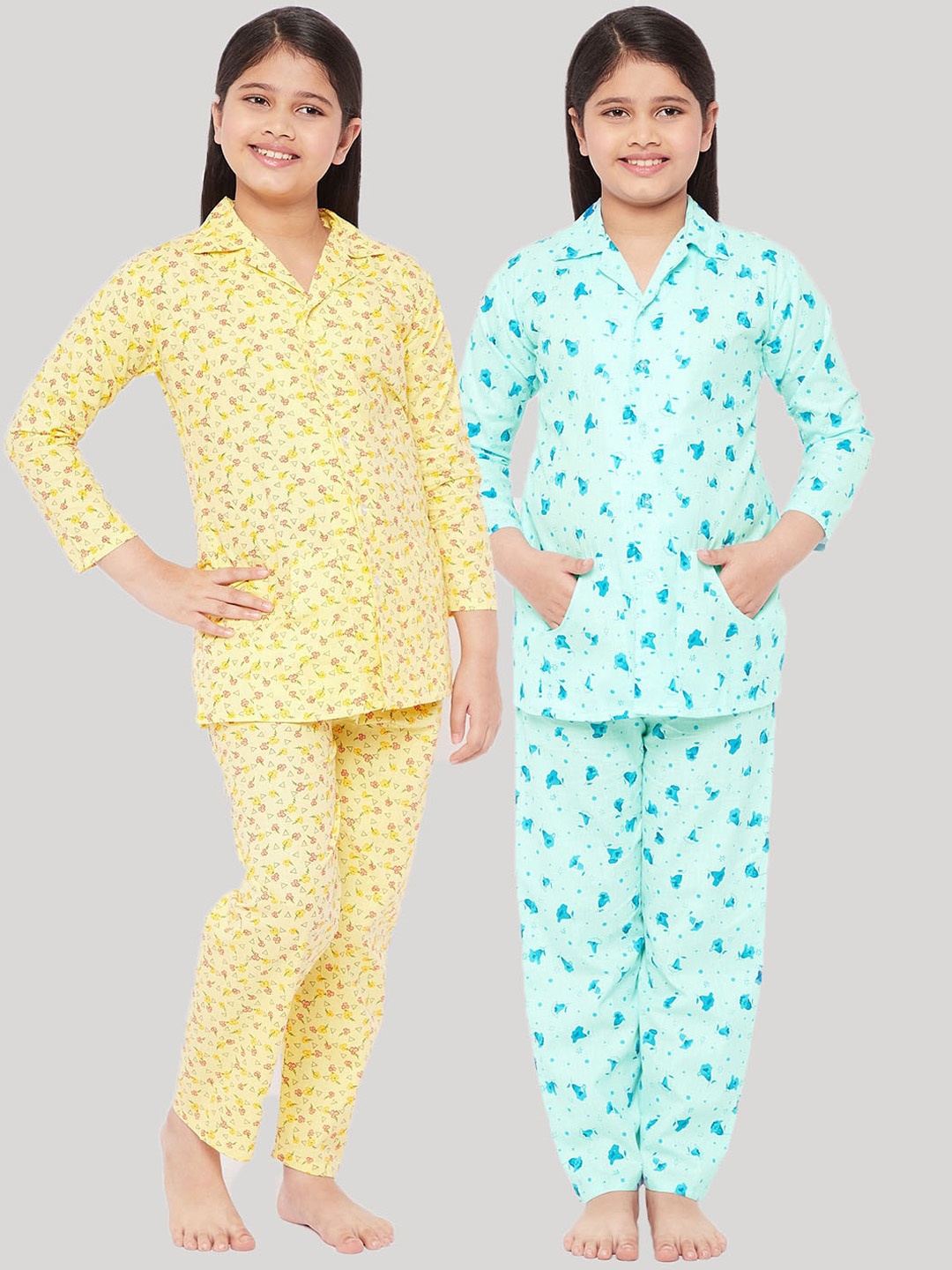 

KYDZI Girls Pack of 2 Turquoise Blue & Yellow Printed Pure Cotton Night Suits