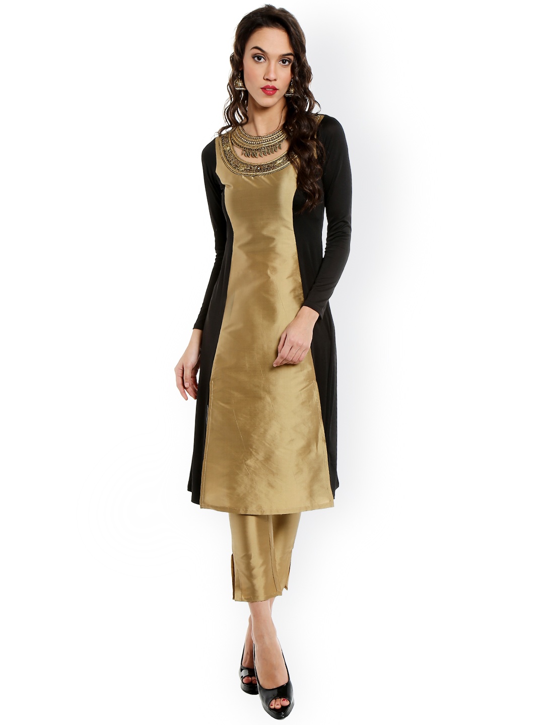 

Ira Soleil Women Gold-Toned & Black Colourblocked Embellished A-Line Kurta