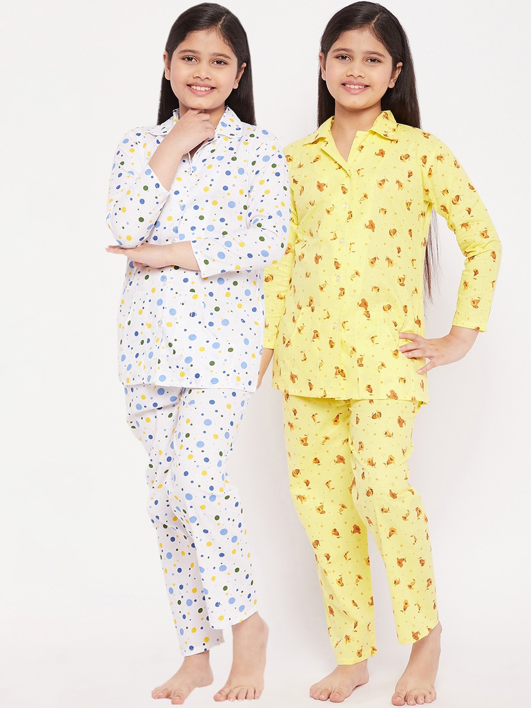 

KYDZI Girls Pack of 2 Yellow & White Printed Night suit