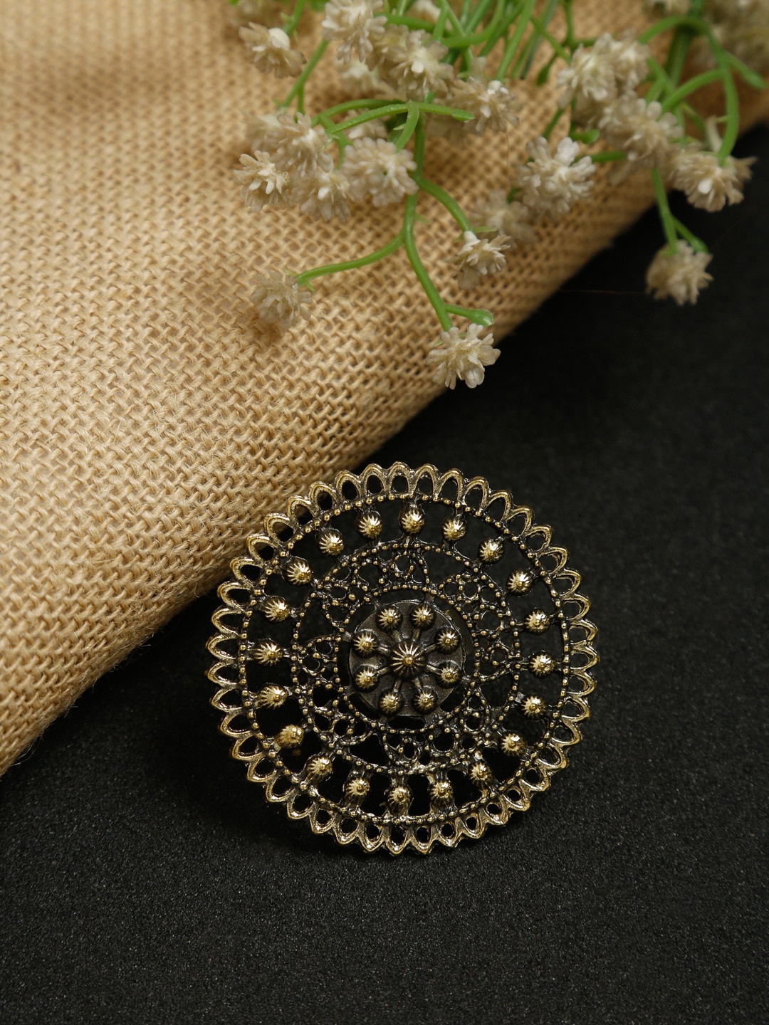 

NEUDIS Oxidised Contemprory Antique Gold Toned Ethnic Statement Ring