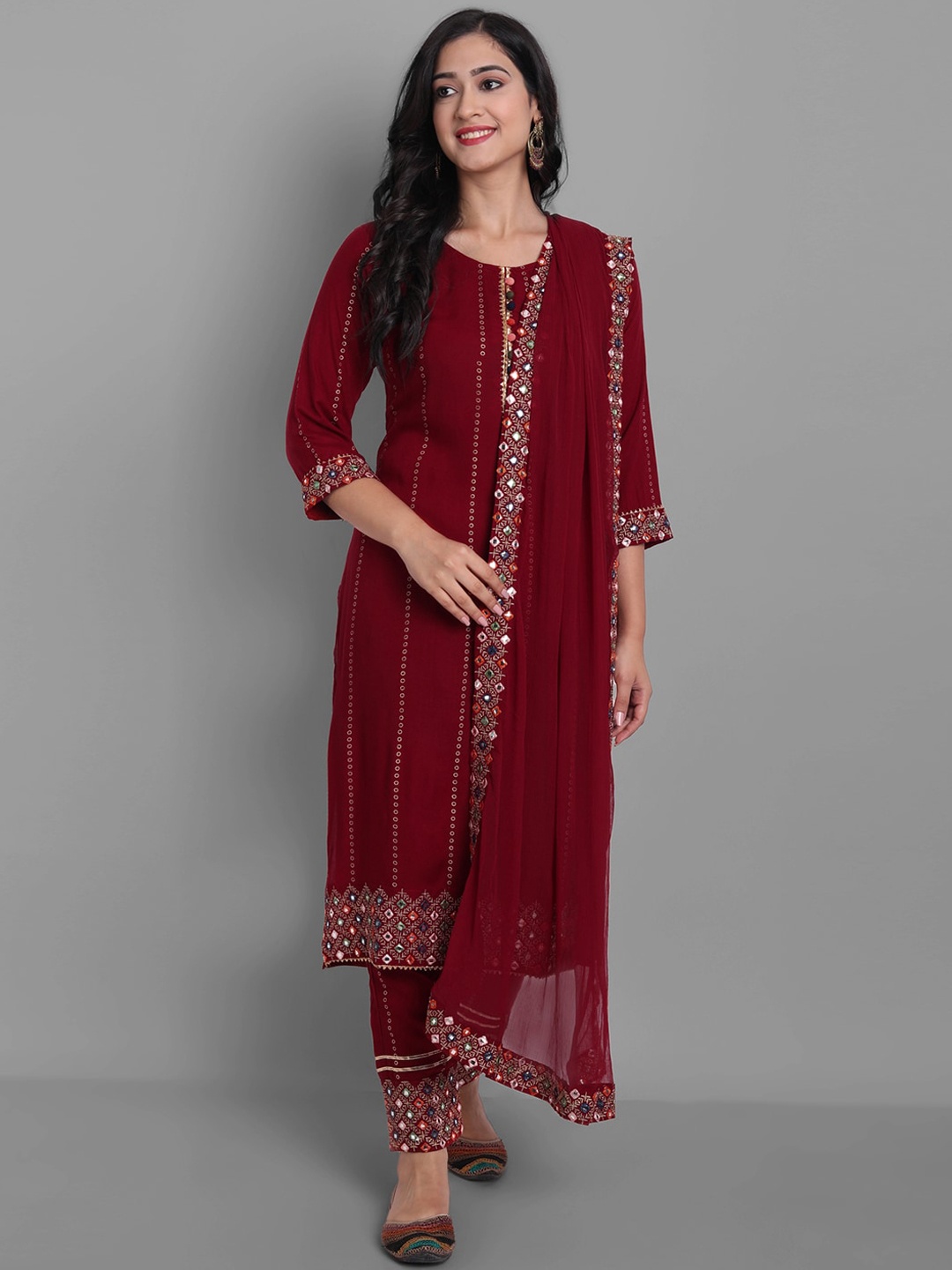 

Ziva Fashion Women Red Printed Mirror Work Kurta with Trousers & With Dupatta