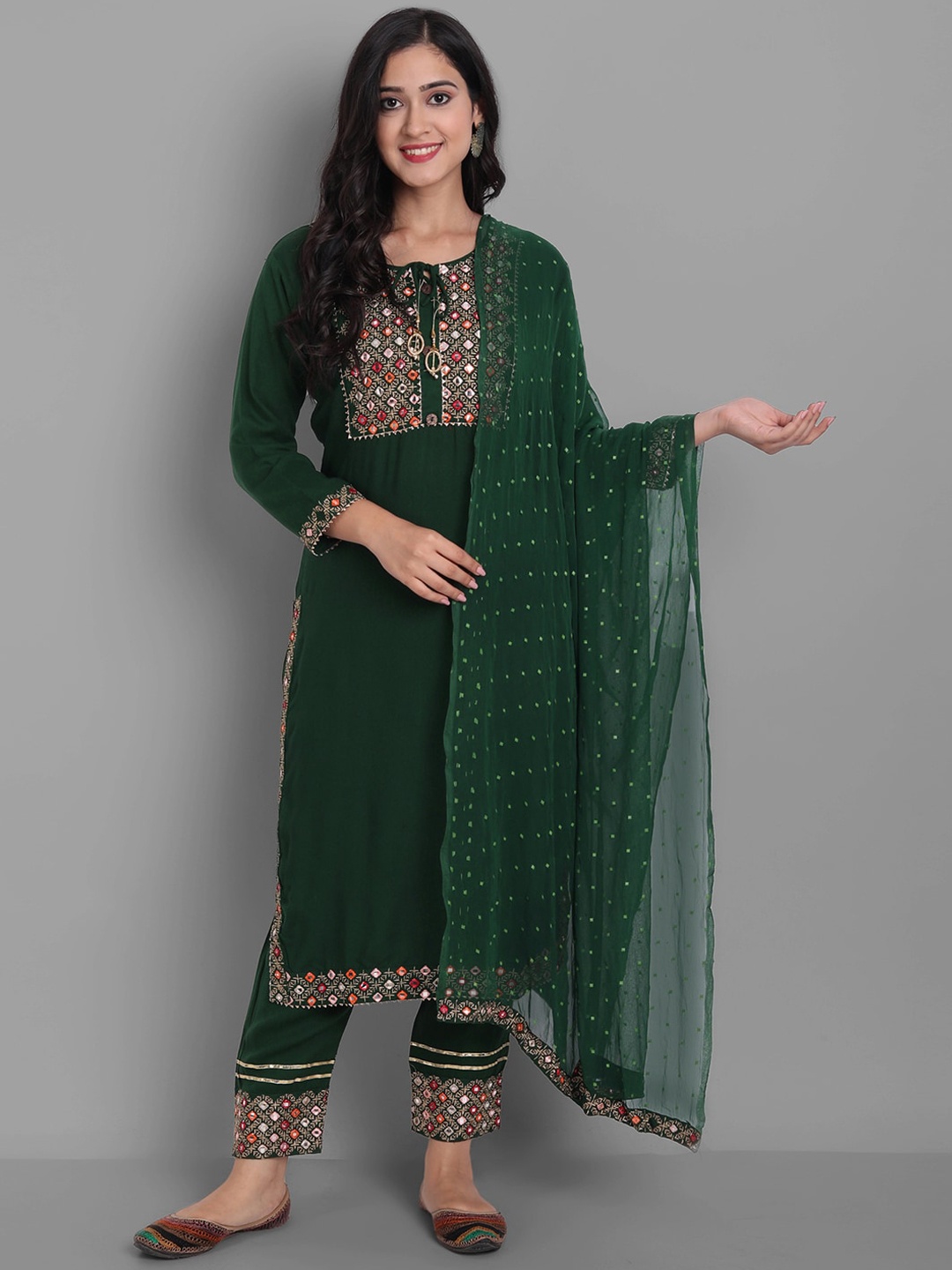 

Ziva Fashion Women Green Embroidered Mirror Work Kurta with Trousers & With Dupatta