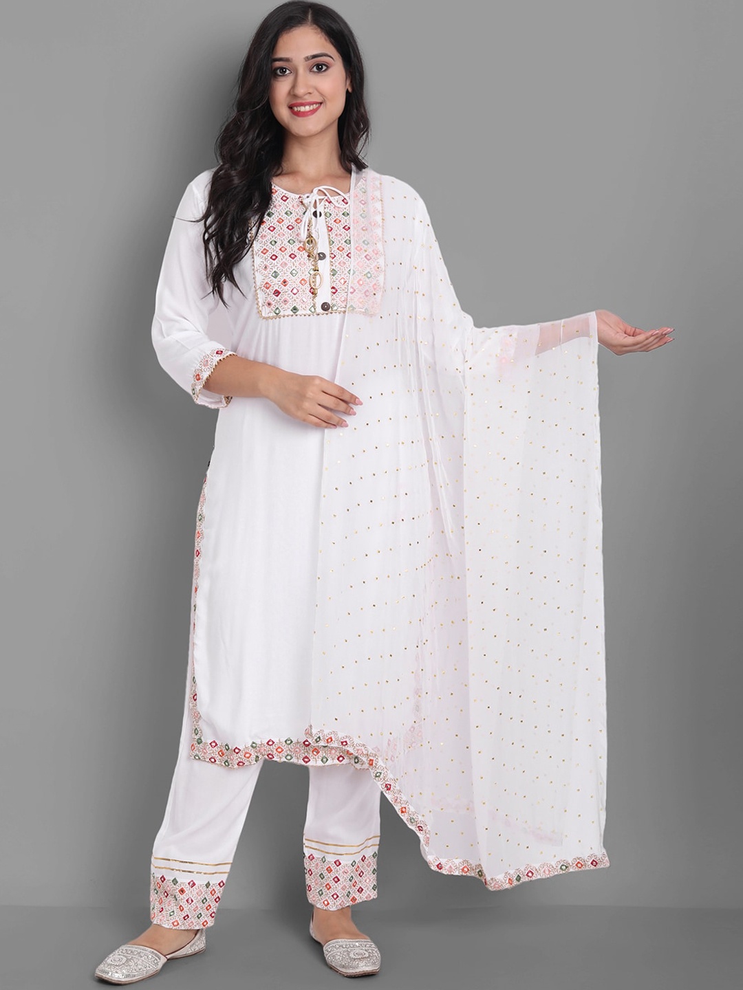 

Ziva Fashion Women White Ethnic Motifs Yoke Design Mirror Work Kurta with Trousers & With Dupatta