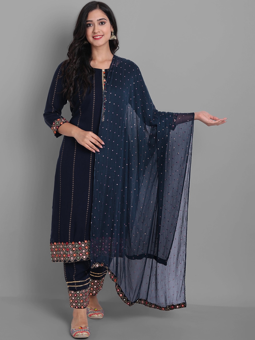 

Ziva Fashion Women Navy Blue Ethnic Motifs Printed Mirror Work Kurta with Trousers & With Dupatta