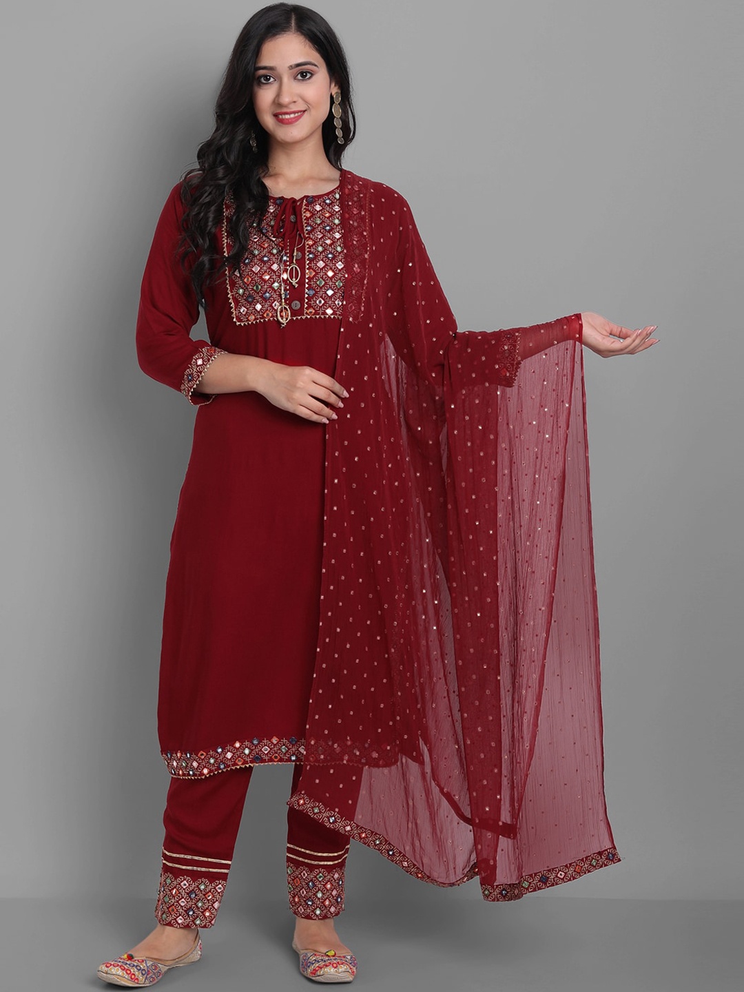

Ziva Fashion Women Red Yoke Design Kurta with Trousers & With Dupatta