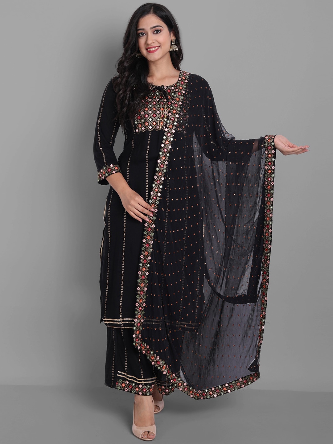 

Ziva Fashion Women Black Embroidered Kurta with Palazzos & With Dupatta