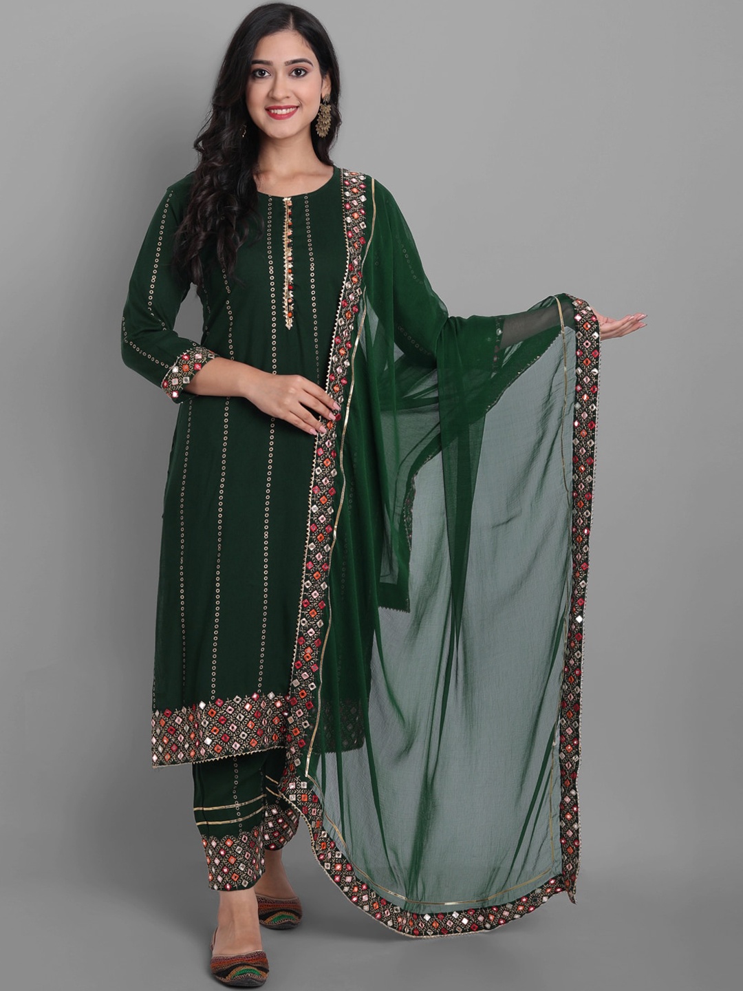 

Ziva Fashion Women Green Printed Mirror Work Kurta with Trousers & With Dupatta