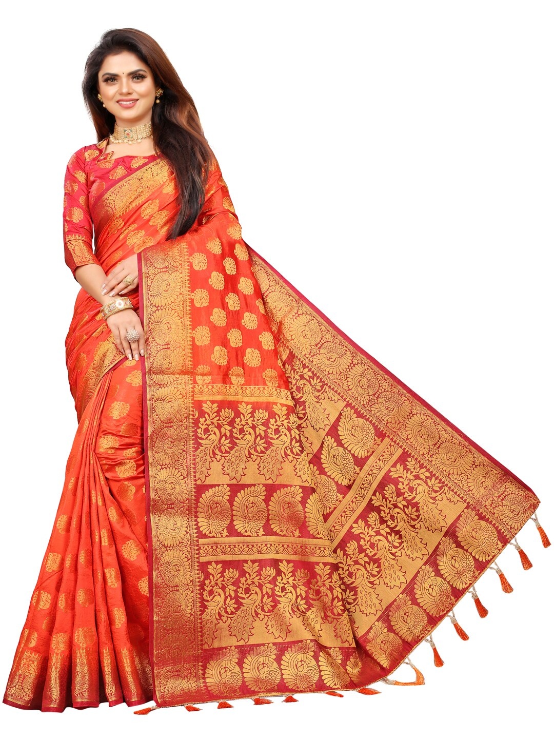 

PERFECT WEAR Rust & Red Woven Design Zari Silk Cotton Banarasi Saree