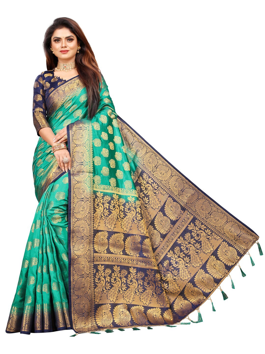 

PERFECT WEAR Teal & Navy Blue Woven Design Zari Silk Cotton Banarasi Saree