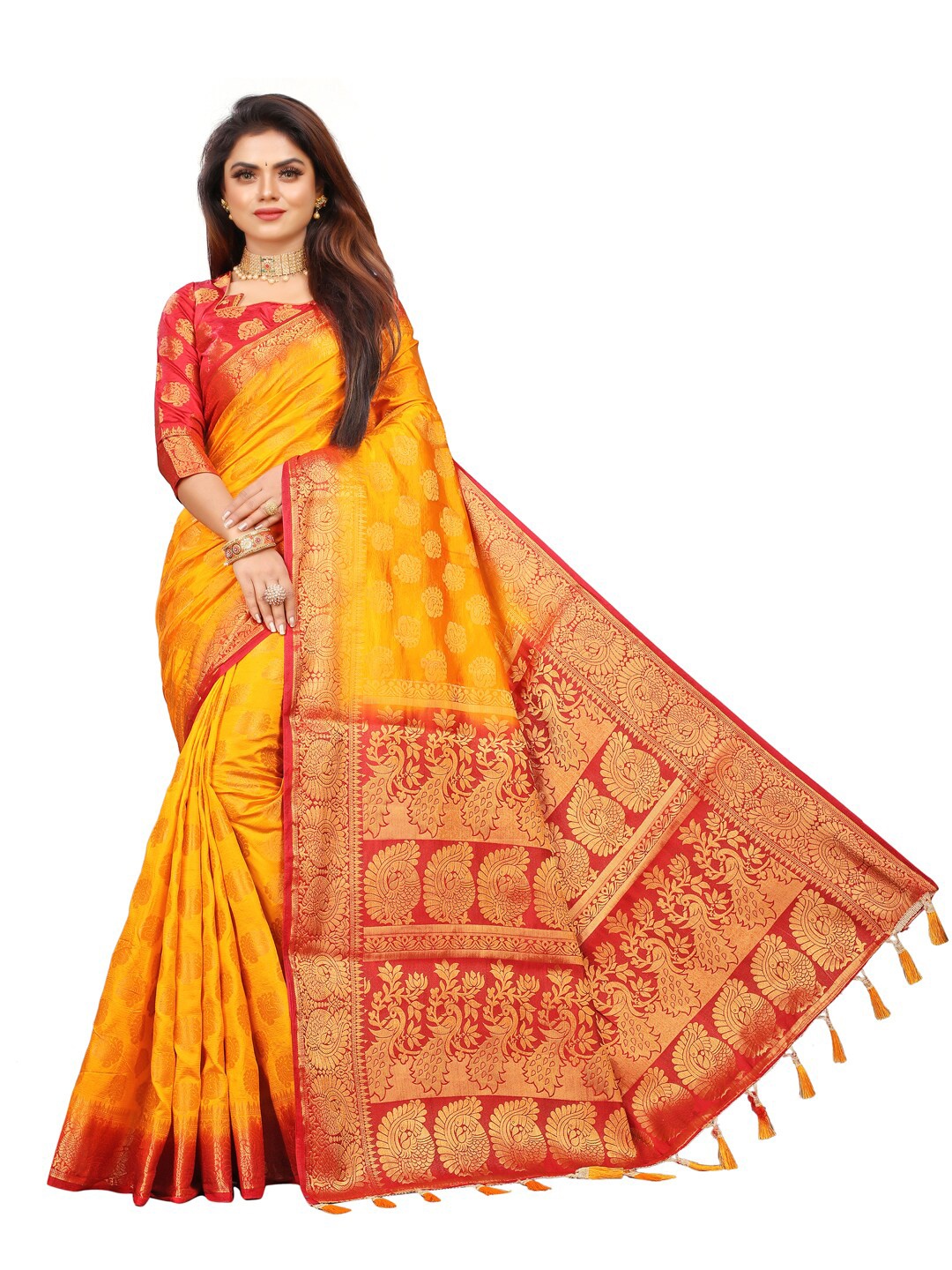 

PERFECT WEAR Mustard & Red Woven Design Zari Silk Cotton Banarasi Saree