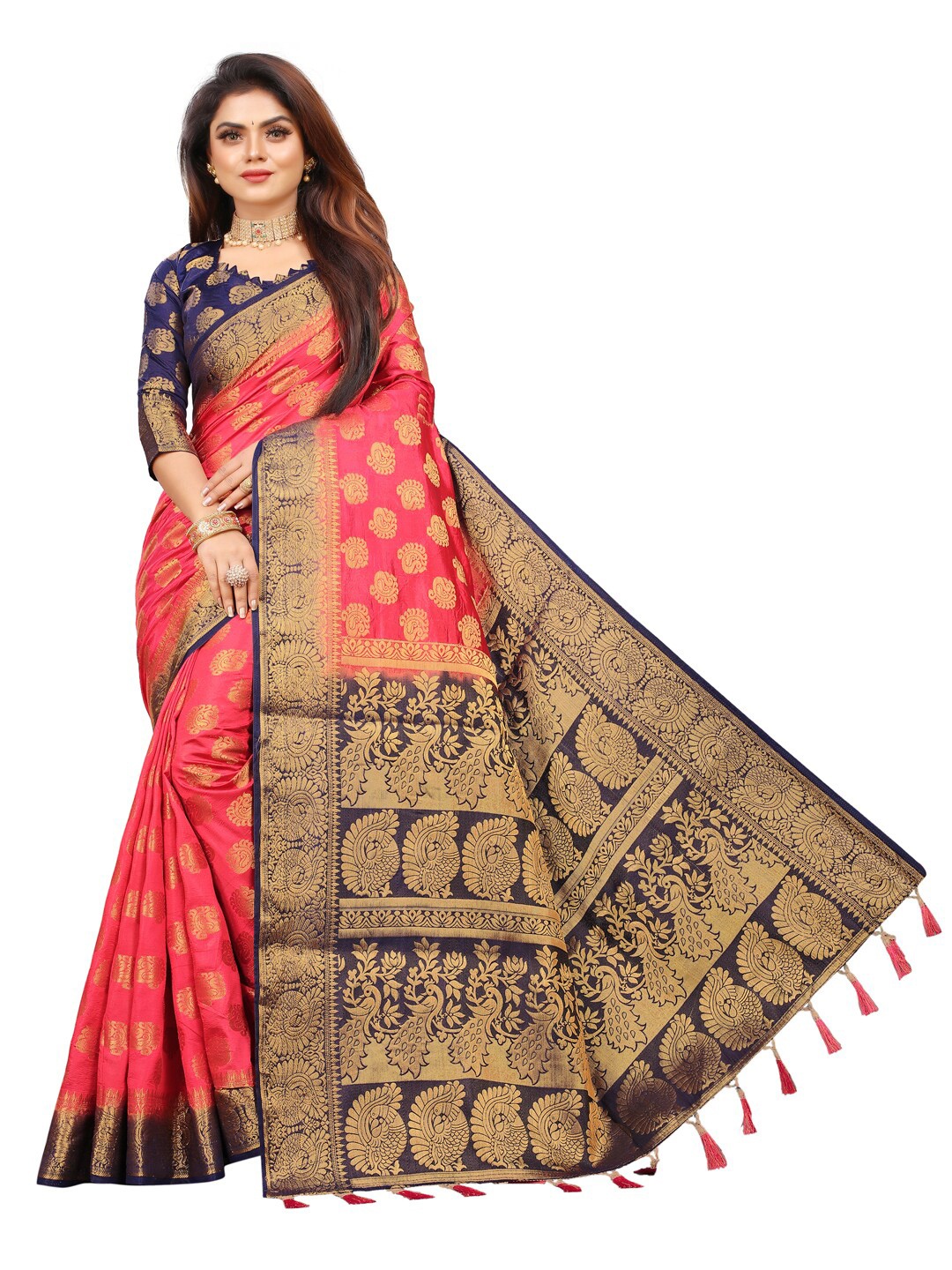 

PERFECT WEAR Pink & Navy Blue Woven Design Zari Silk Cotton Banarasi Saree
