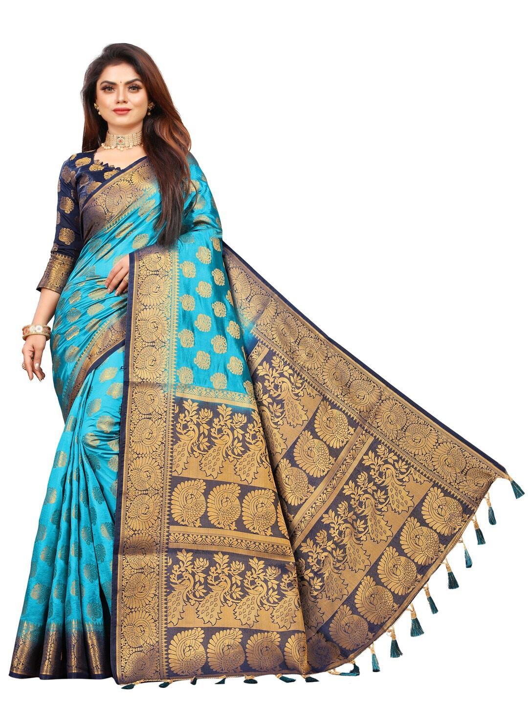 

PERFECT WEAR Blue & Navy Blue Ethnic Motifs Zari Silk Cotton Banarasi Saree