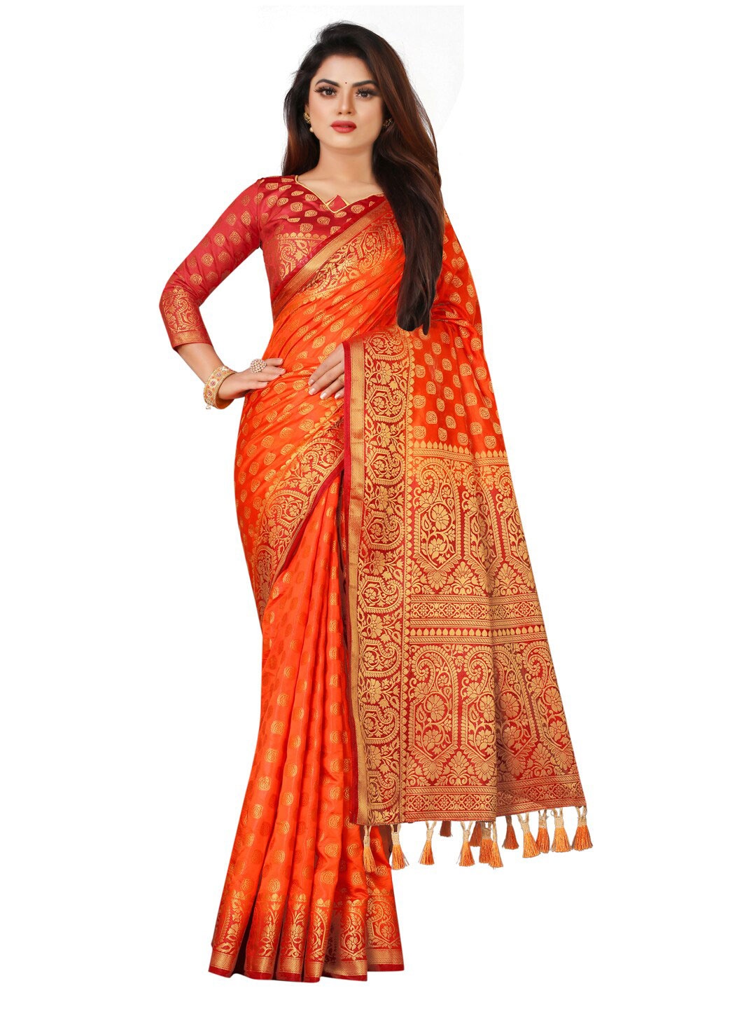 

PERFECT WEAR Red & Gold-Toned Ethnic Motifs Silk Cotton Banarasi Saree