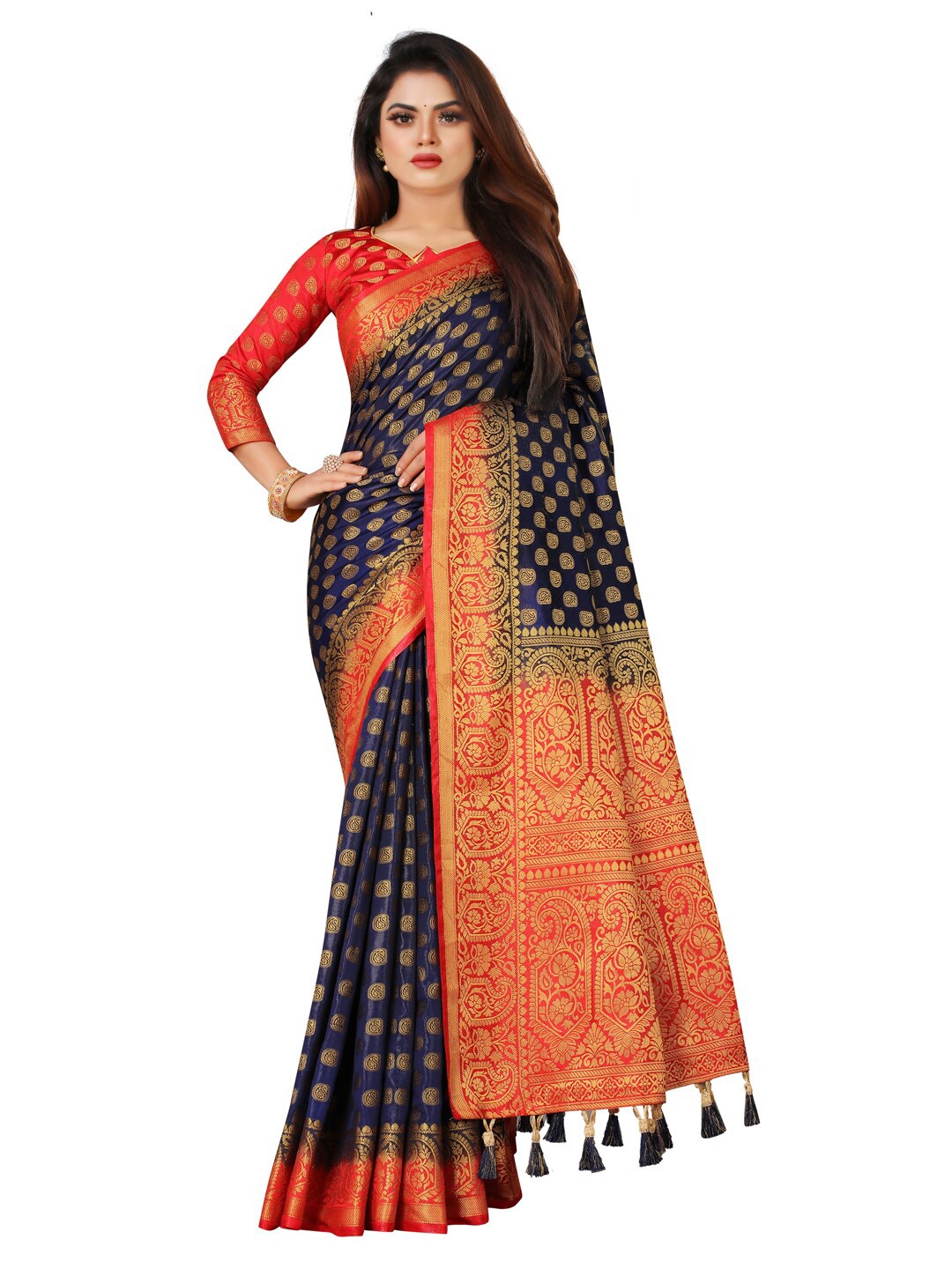 

PERFECT WEAR Navy Blue & Red Woven Design Zari Silk Cotton Banarasi Saree