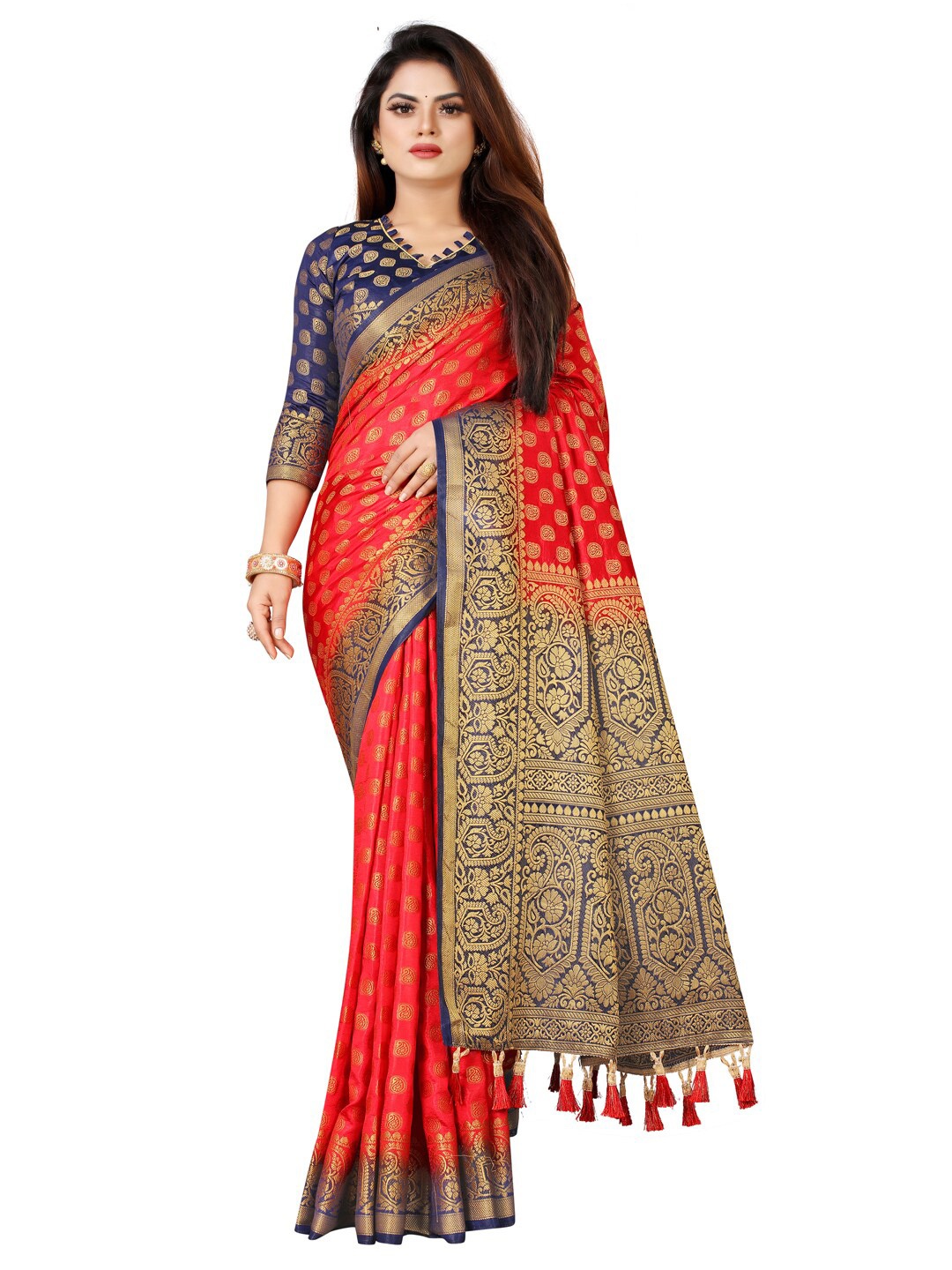 

PERFECT WEAR Red & Navy Blue Woven Design Zari Silk Cotton Banarasi Saree