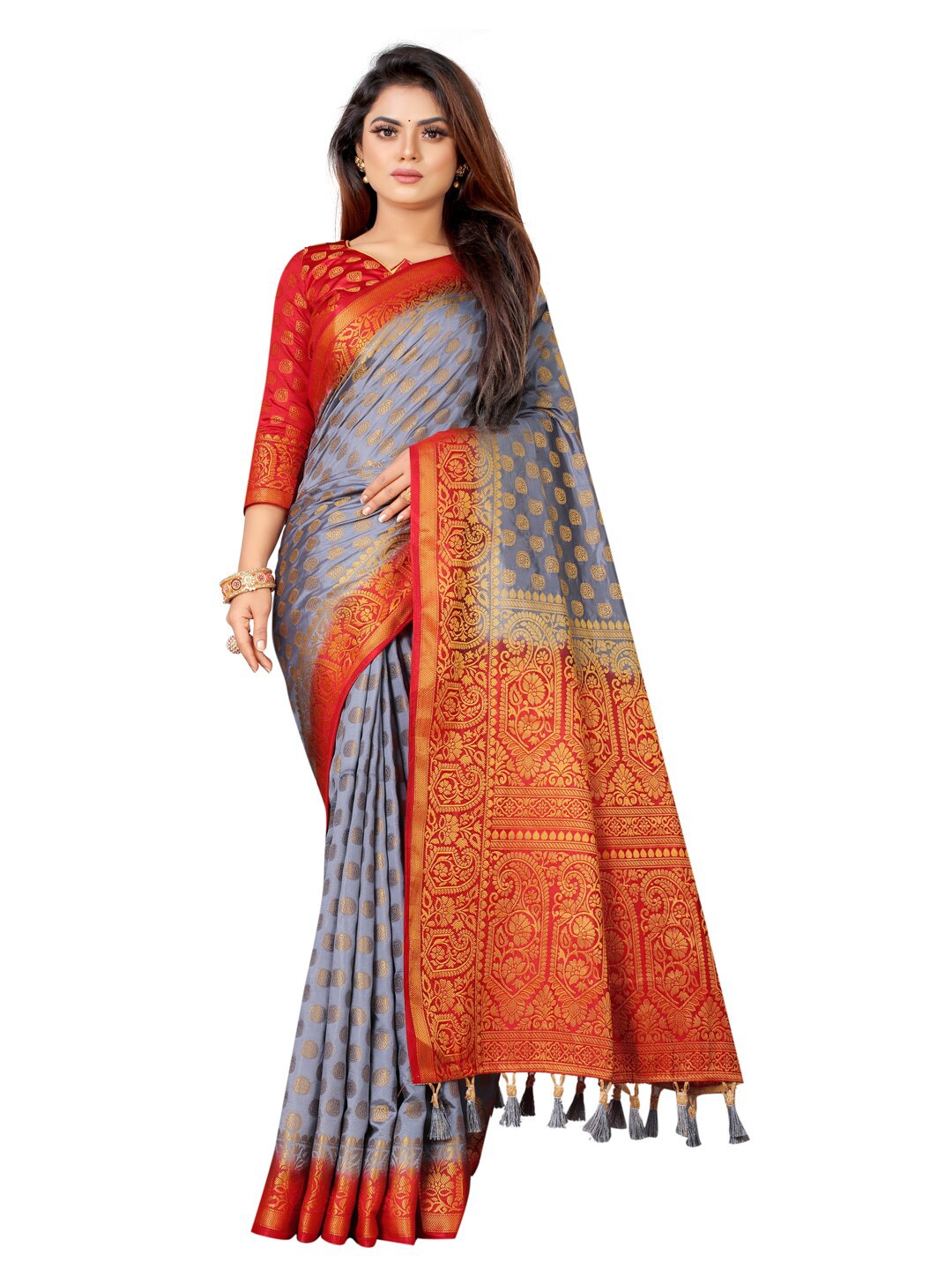 

PERFECT WEAR Grey & Red Woven Design Zari Silk Cotton Banarasi Saree
