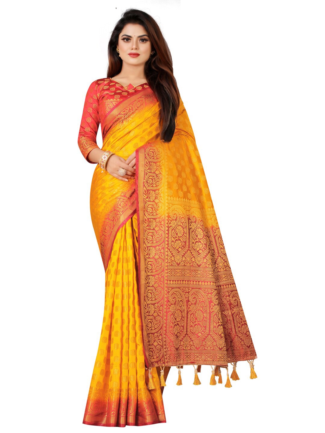 

PERFECT WEAR Yellow & Red Ethnic Motifs Zari Silk Cotton Banarasi Saree