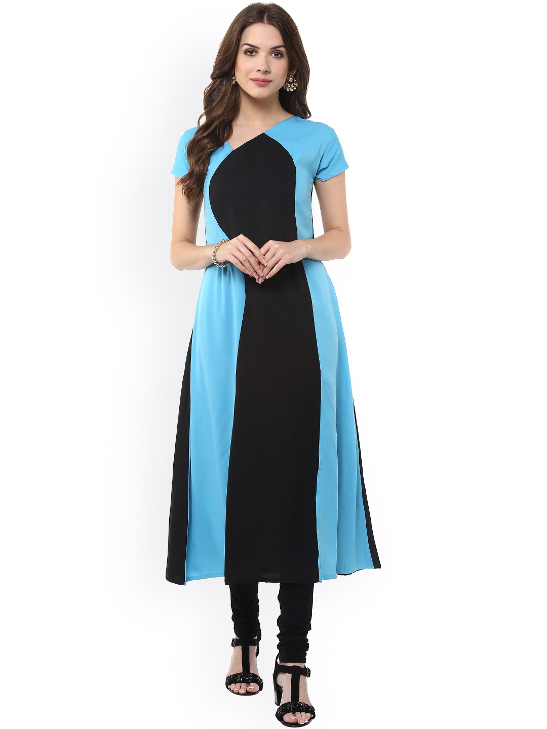 

Janasya Women Black & Blue Colourblocked A-Line Kurta