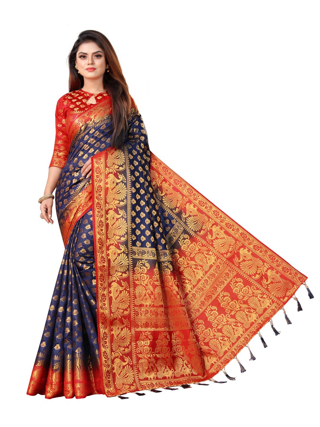 

PERFECT WEAR Red & Purple Woven Design Zari Silk Cotton Banarasi Saree