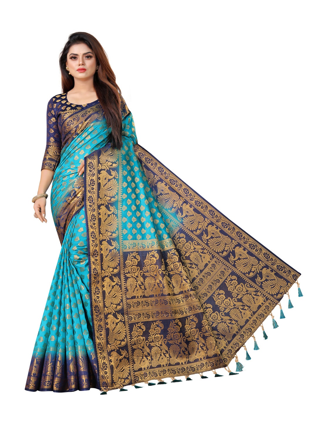 

PERFECT WEAR Blue & Navy Blue Ethnic Motifs Zari Silk Cotton Banarasi Saree