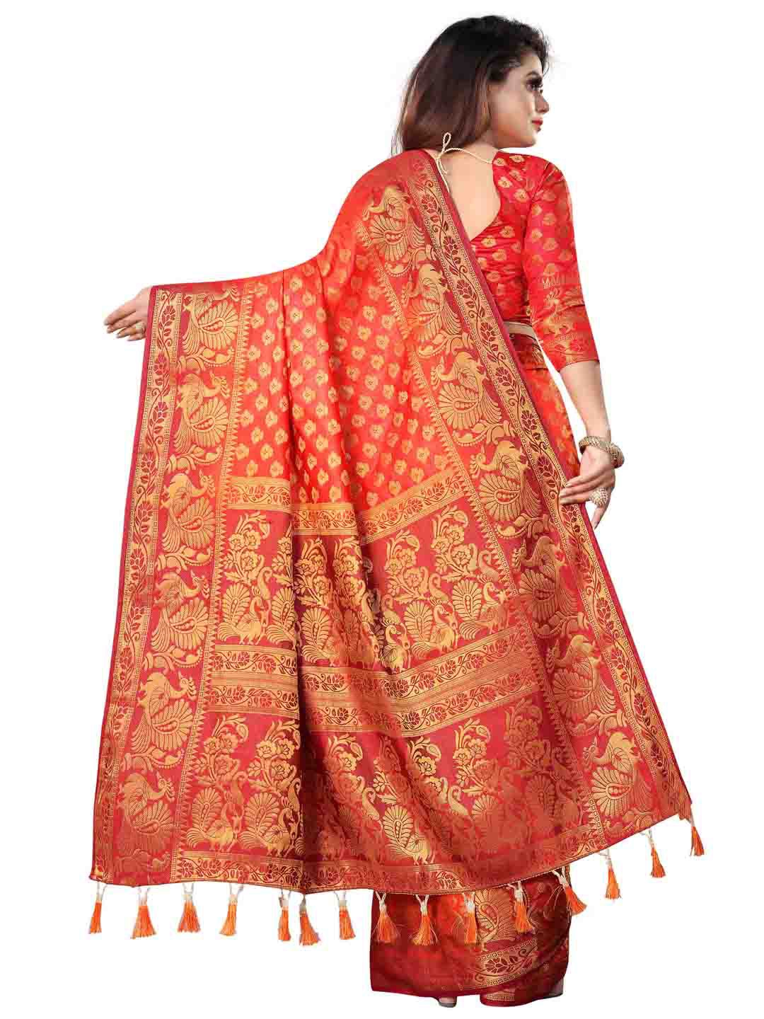 

PERFECT WEAR Red & Gold-Toned Woven Design Zari Silk Cotton Banarasi Saree