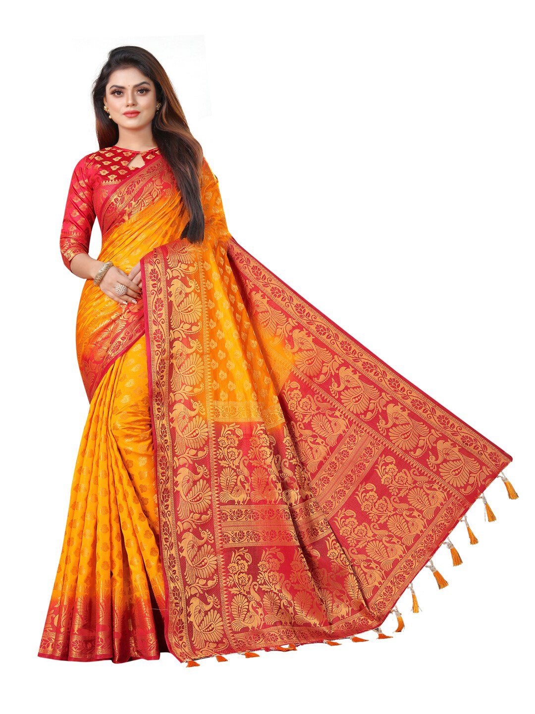 

PERFECT WEAR Yellow & Red Woven Design Zari Silk Cotton Banarasi Saree